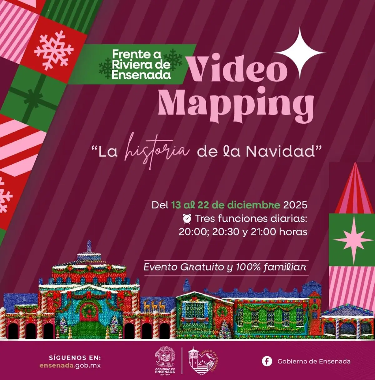 Videomaping de la historia de la Navidad en Ensenada. Foto: Cortesía
