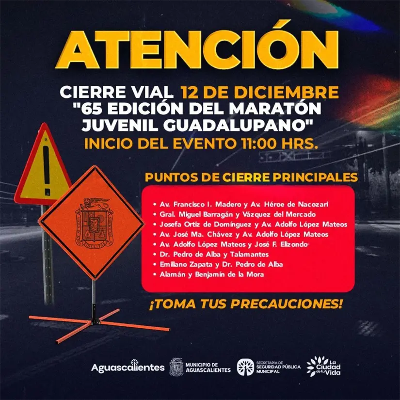 Calles cerradas en Aguascalientes por el Maratón Guadalupano este viernes. Foto: Cortesía