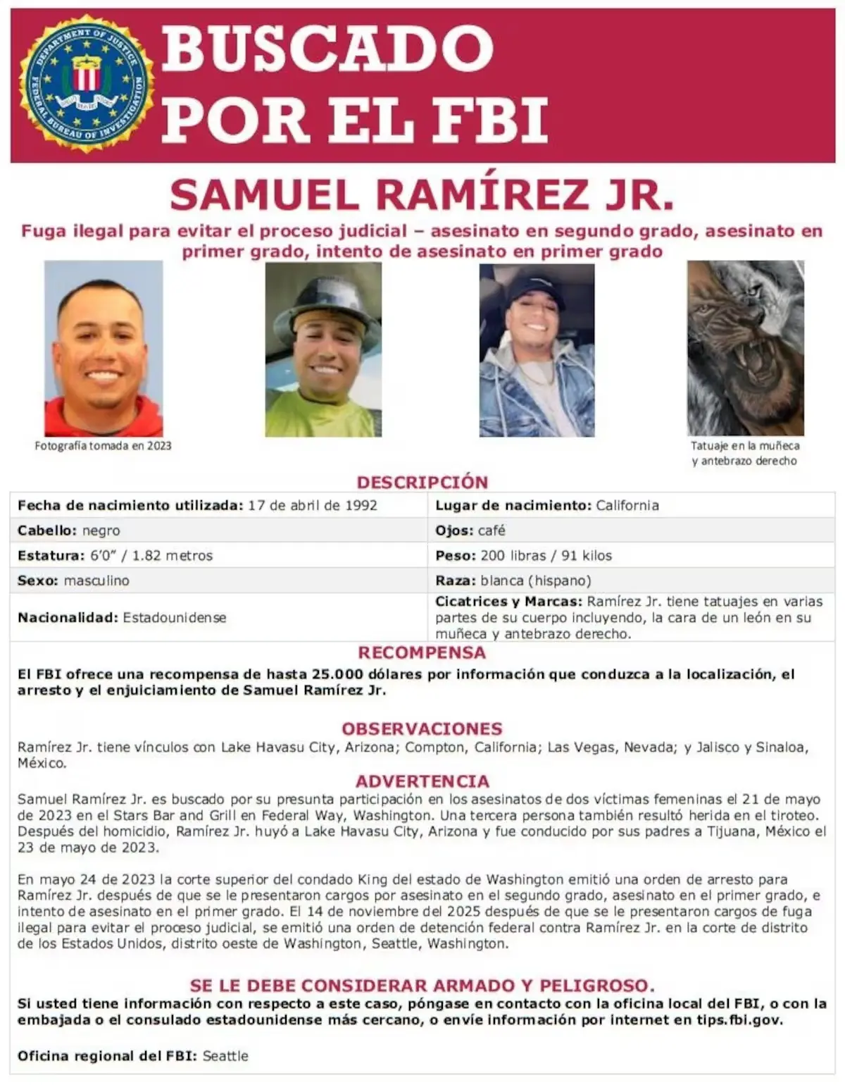 Samuel Ramírez Jr. debe ser considerado un sujeto armado y peligroso. Imagen: FBI