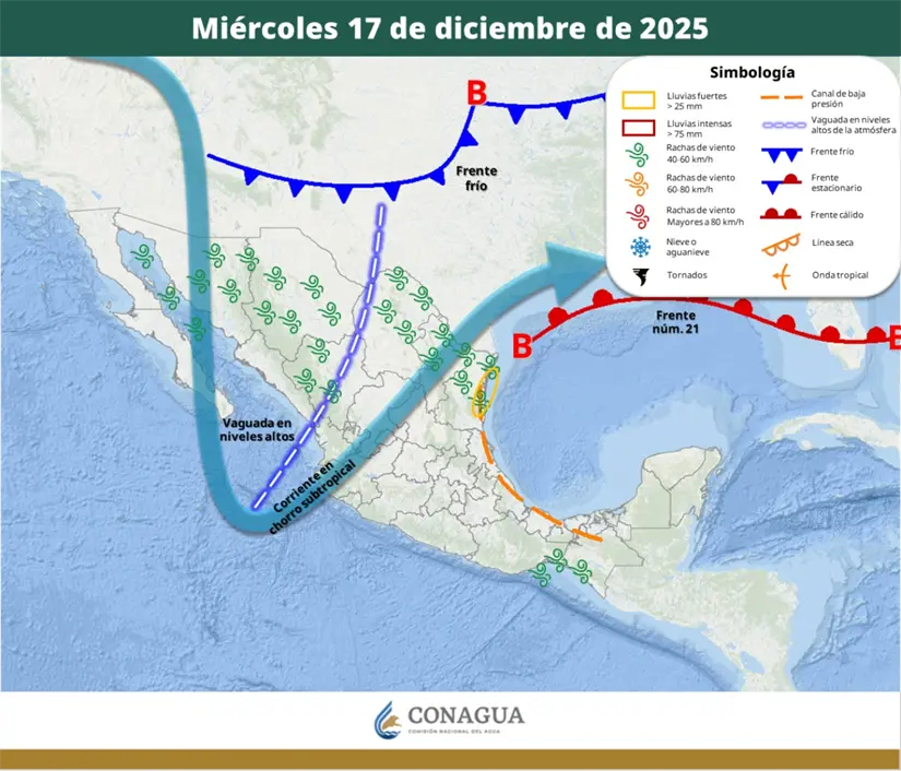 El frente frío se extenderá como estacionario sobre el golfo de México. Imagen: Conagua