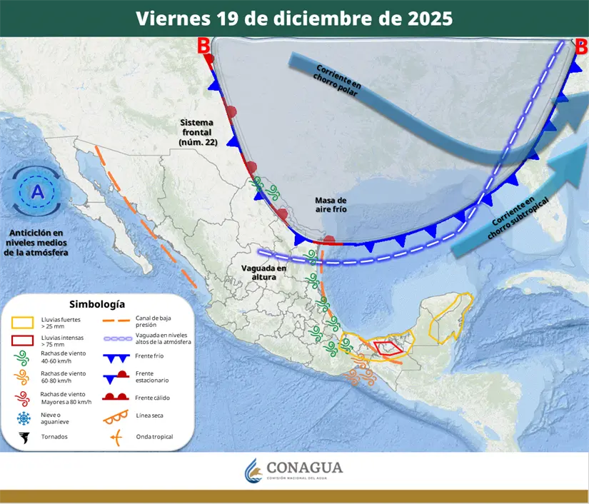 Comportamiento del frente frío 22 para el 19 de diciembre. Foto: Cortesía. 