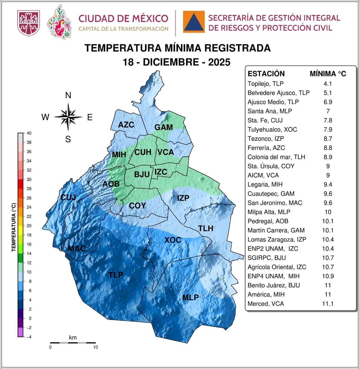 Temperaturas Mínimas registradas el 18-12-2025