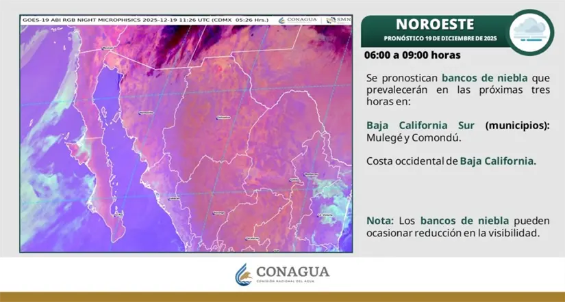 Bancos de niebla esta mañana en Baja California. Imagen: Conagua