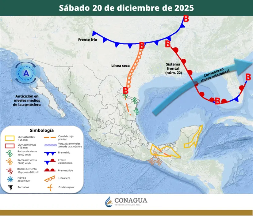 El frente frío 22 dejará de afectar al país durante el fin de semana. Imagen: Conagua