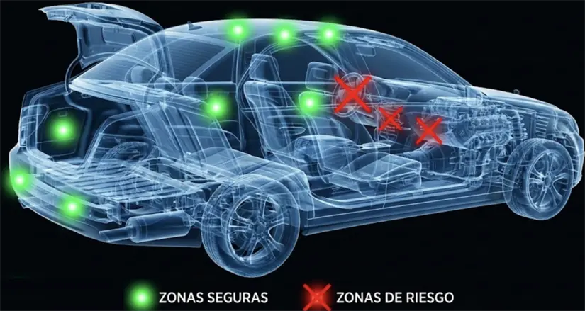 Lugares sugeridos dentro del vehículo para colocar el dispositivo rastreador.