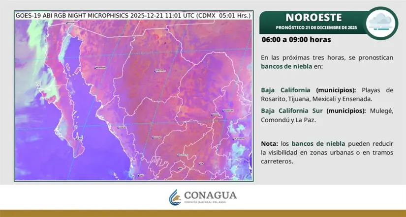 Se prevén bancos de niebla en zonas costeras de Baja California este domingo. Imagen: Conagua
