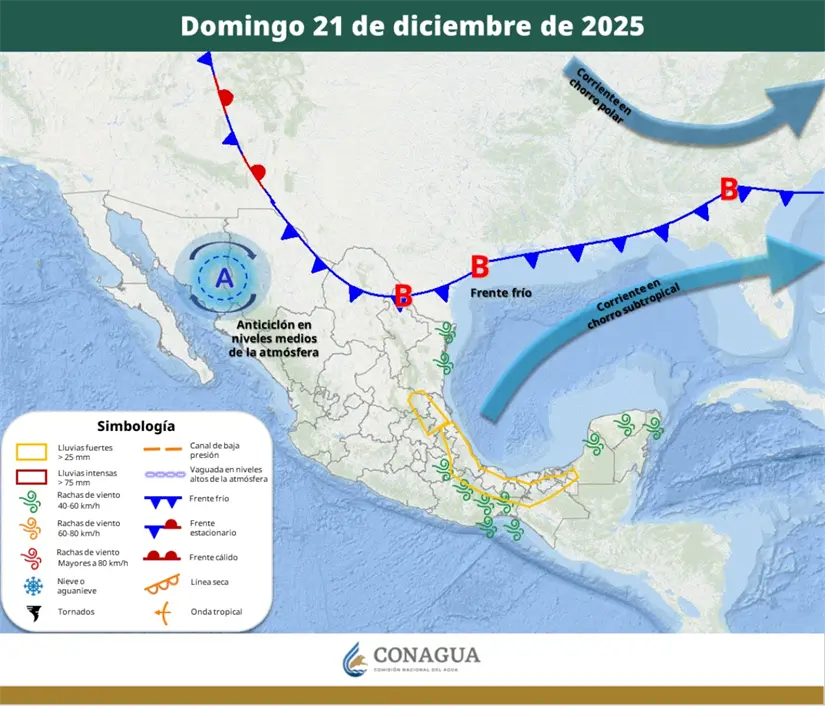 El frente frío 23 ingresará por el noreste del país este domingo. Imagen: Conagua