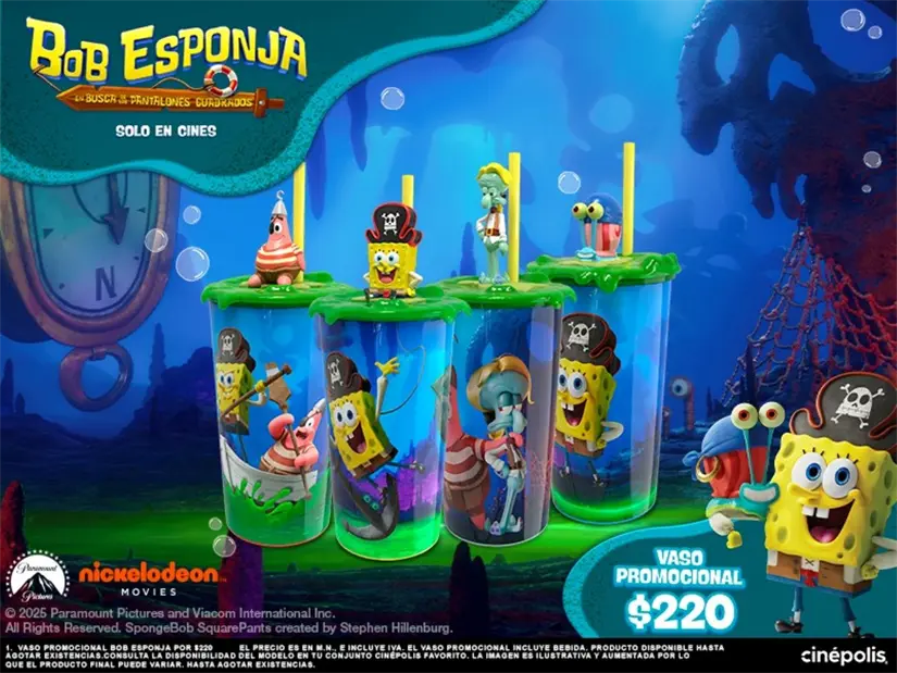 Precio de los vasos de la nueva película de Bob Esponja en Cinépolis. Foto: Cortesía