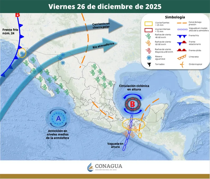 El río atmosférico seguirá la ruta que indica la flecha azul en esta imagen. Fuente. Conagua