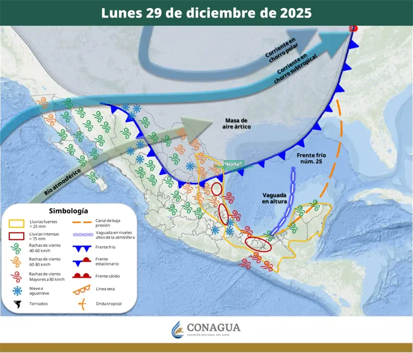 El frente frío y la masa de aire ártico que lo impulsa afectarán a varios estados del país. Imagen: Conagua