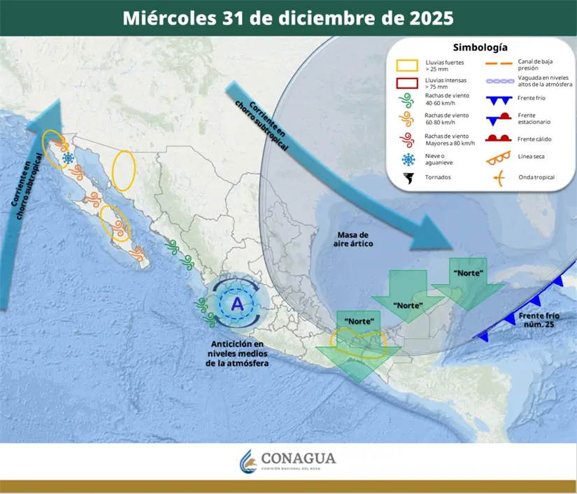 Para el 31 de diciembre se esperan lluvias en varios estados del país. Imagen: Conagua