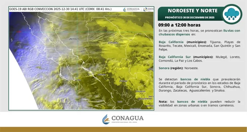 Se esperan lluvias con chubascos esta mañana en Baja California. Imagen: Conagua