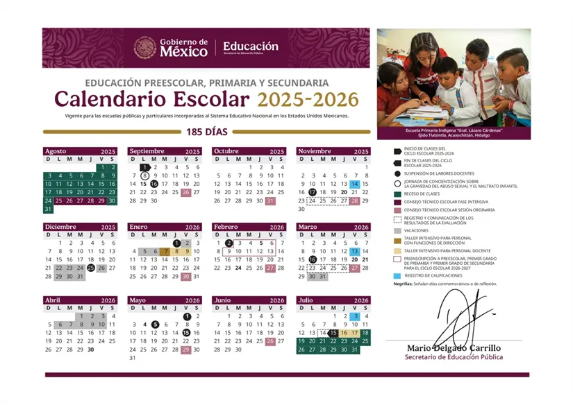 Calendario oficial del ciclo escolar 2025-2026. Imagen: SEP