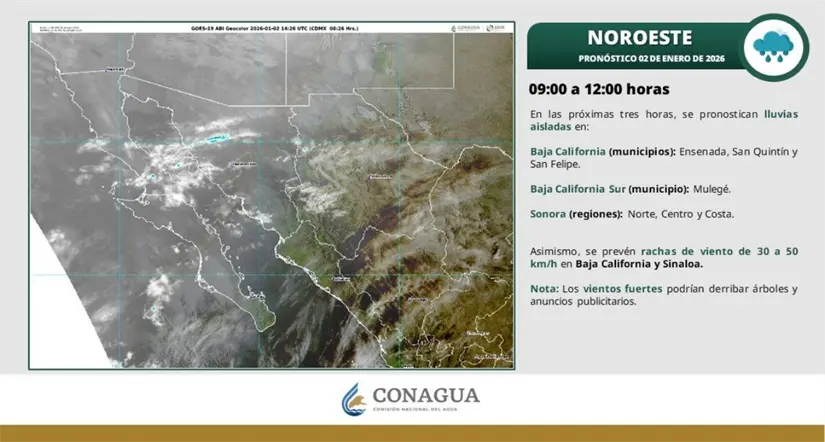 Lluvias aisladas en zonas de Baja California la mañana de este 2 de enero. Imagen: Conagua