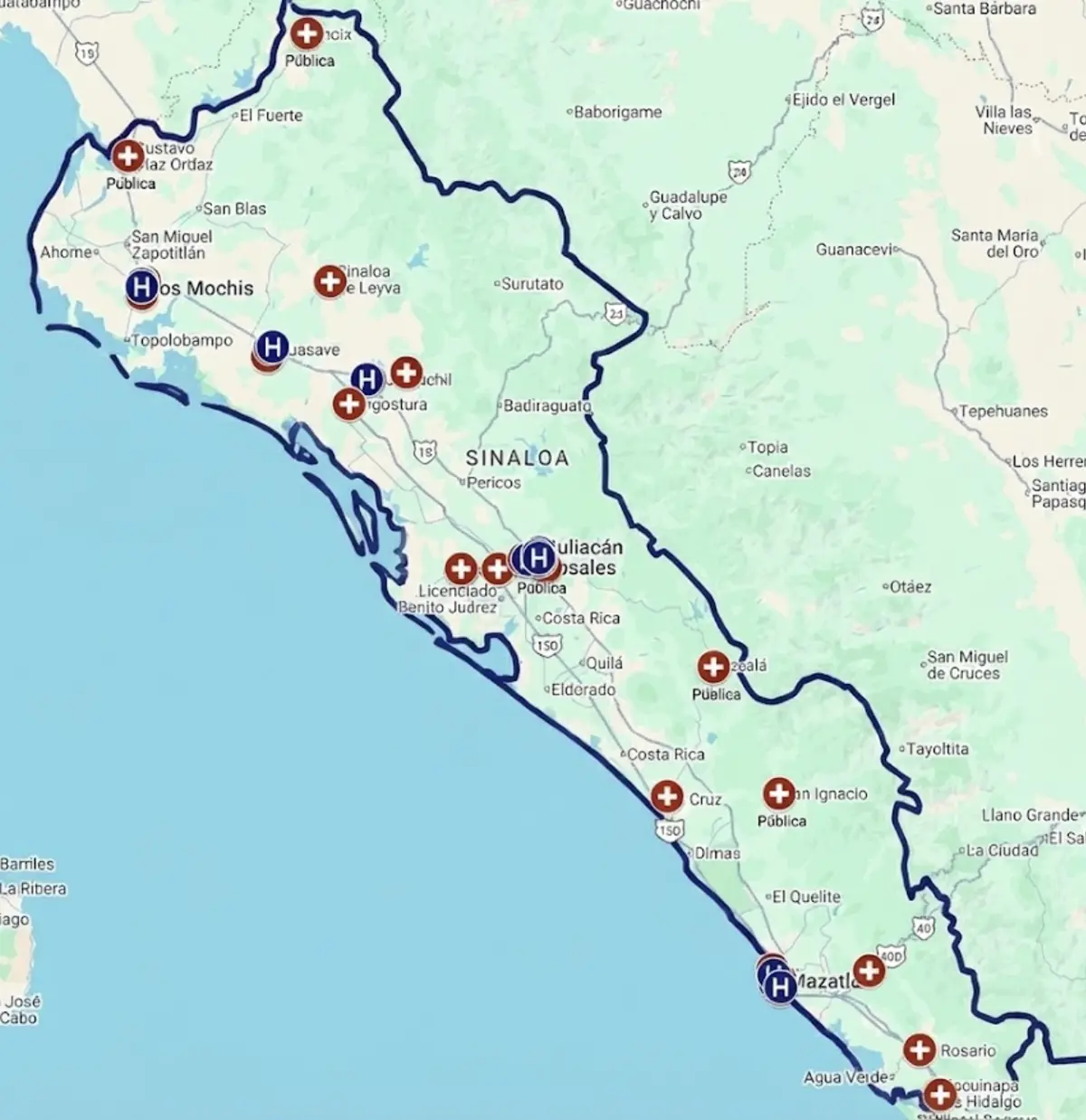 Distribución de instalaciones hospitalarias en el estado de Sinaloa. Los marcadores rojos representan al sector público, y los azules al sector privado.