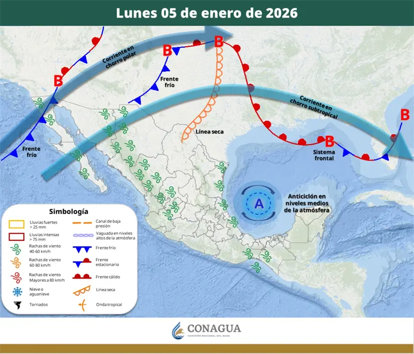 El frente frío avanzará lentamente sobre el noroeste del país. Imagen: Conagua