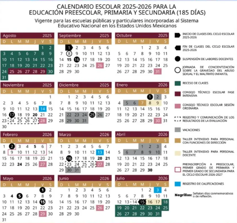 Calendario escolar del ciclo escolar 2025-2026. Foto: cortesía.