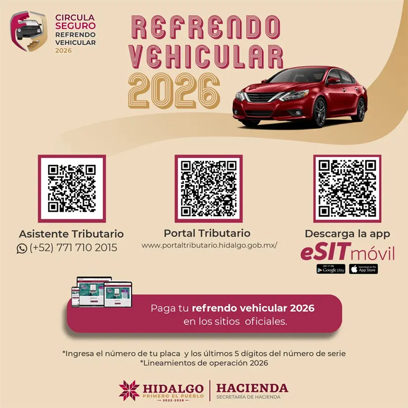 Consulta los medios para pagar tu Refrendo Vehicular en Hidalgo 2026. Foto: Cortesía.