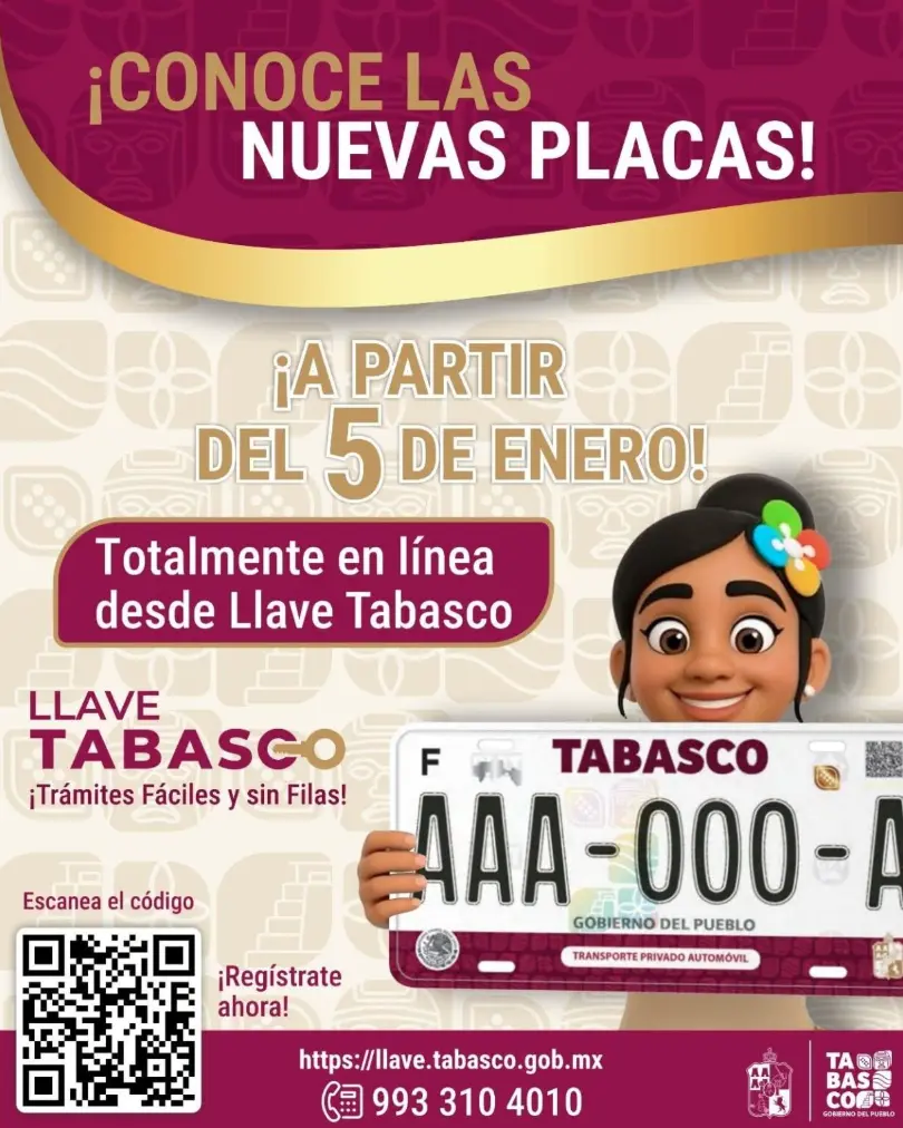 El cambio de placas en Tabasco inicia el 5 de enero de 2026. Foto: cortesía.