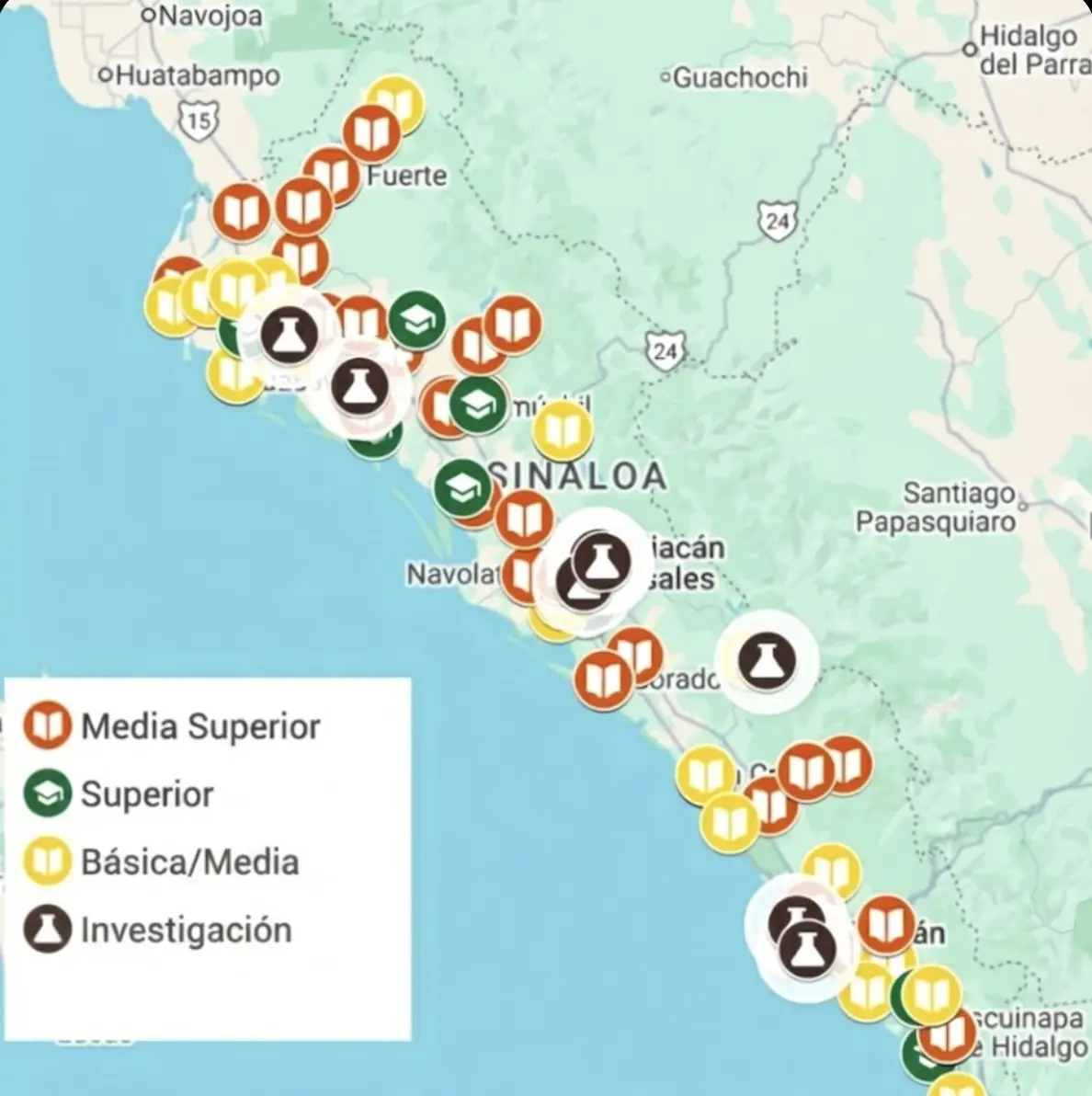 Distribución de una pequeña parte del total de instalaciones de educación en Sinaloa.