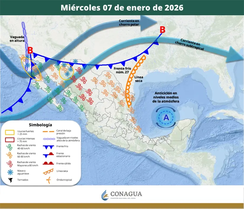 El frente frío 27 se extenderá sobre el noroeste del país esta semana. Imagen: Conagua