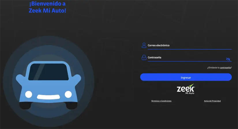 Sitio web de Zeek Mi Auto. Fuente: https://auto.zeekgps.com/zma/.