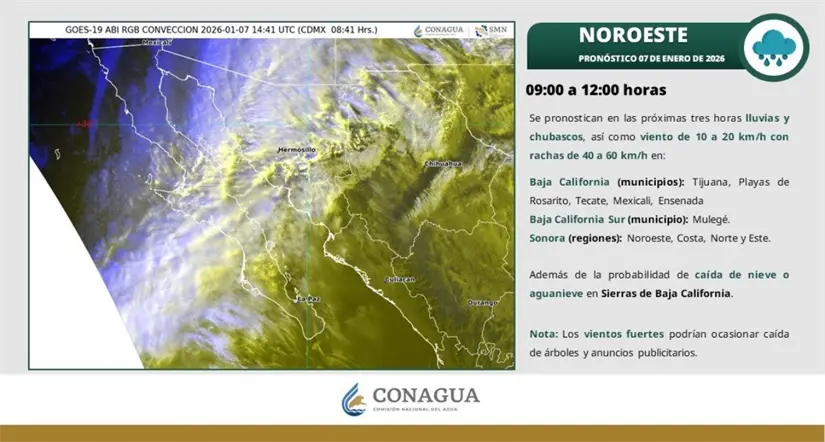 Se pronostican lluvias y chubascos en el noroeste del país esta mañana, incluyendo a Baja California. Imagen: Conagua