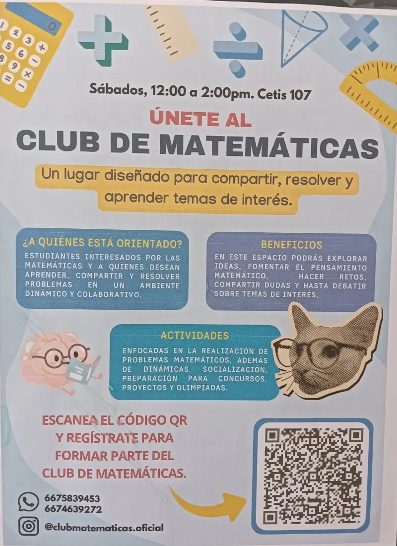 En este cartel encuentras la información para ser parte del Club de Matemáticas del Cetis 107. 