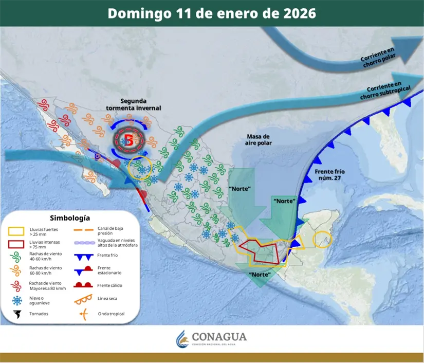 La segunda tormenta invernal se desarrollará en el transcurso del domingo. Imagen: Conagua