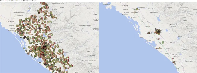 Distribución de escuelas (izq. públicas, der. privadas) en la zona centro de Sinaloa.