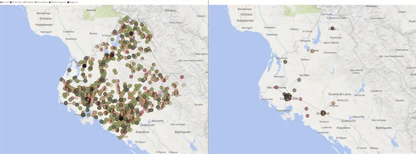 Distribución de escuelas (izq. públicas, der. privadas) en la zona norte de Sinaloa.