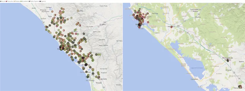 Distribución de escuelas (izq. públicas, der. privadas) en la zona sur de Sinaloa.