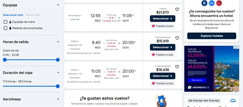 Estos son los costos aproximados de los vuelos de México a Groenlandia. Imagen: Skyscanner