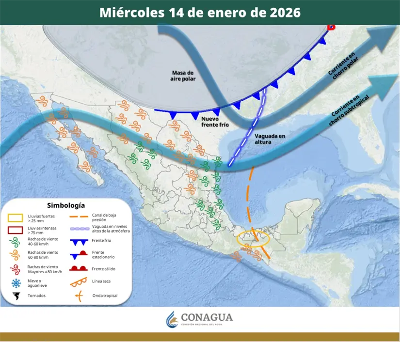 El frente frío 28 ingresará al país a partir del 14 de enero. Imagen: Conagua