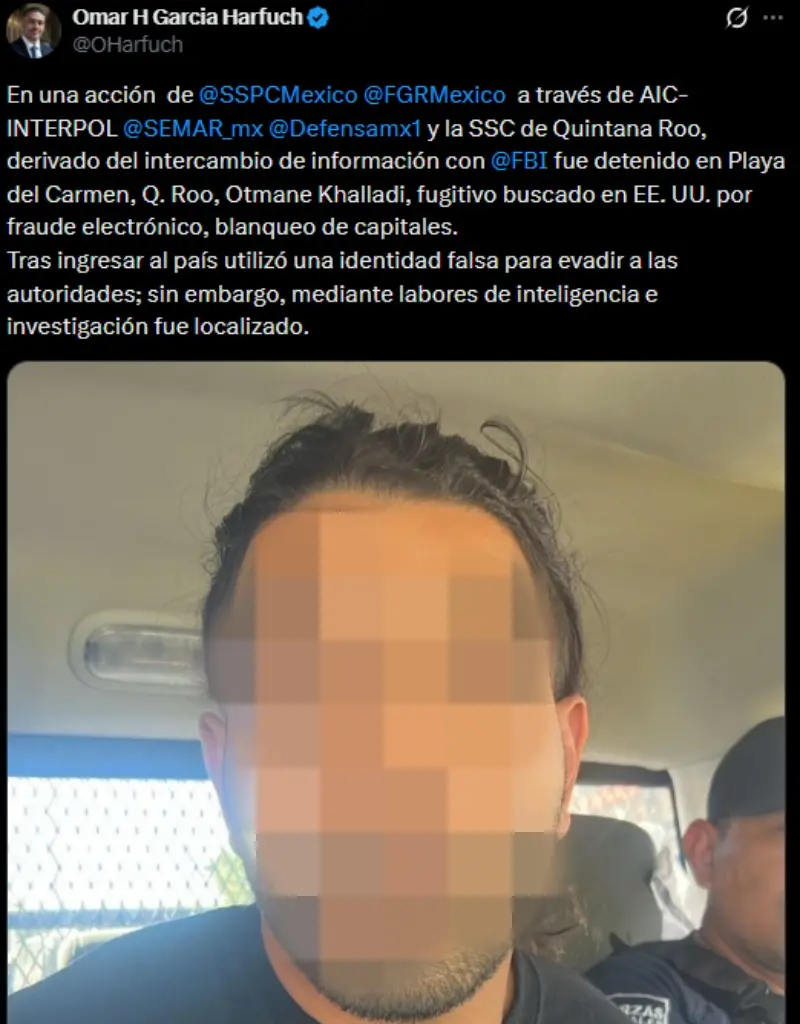 El detenido en Quintana Roo era buscado por el FBI en Estados Unidos. Imagen: X @OHarfuch