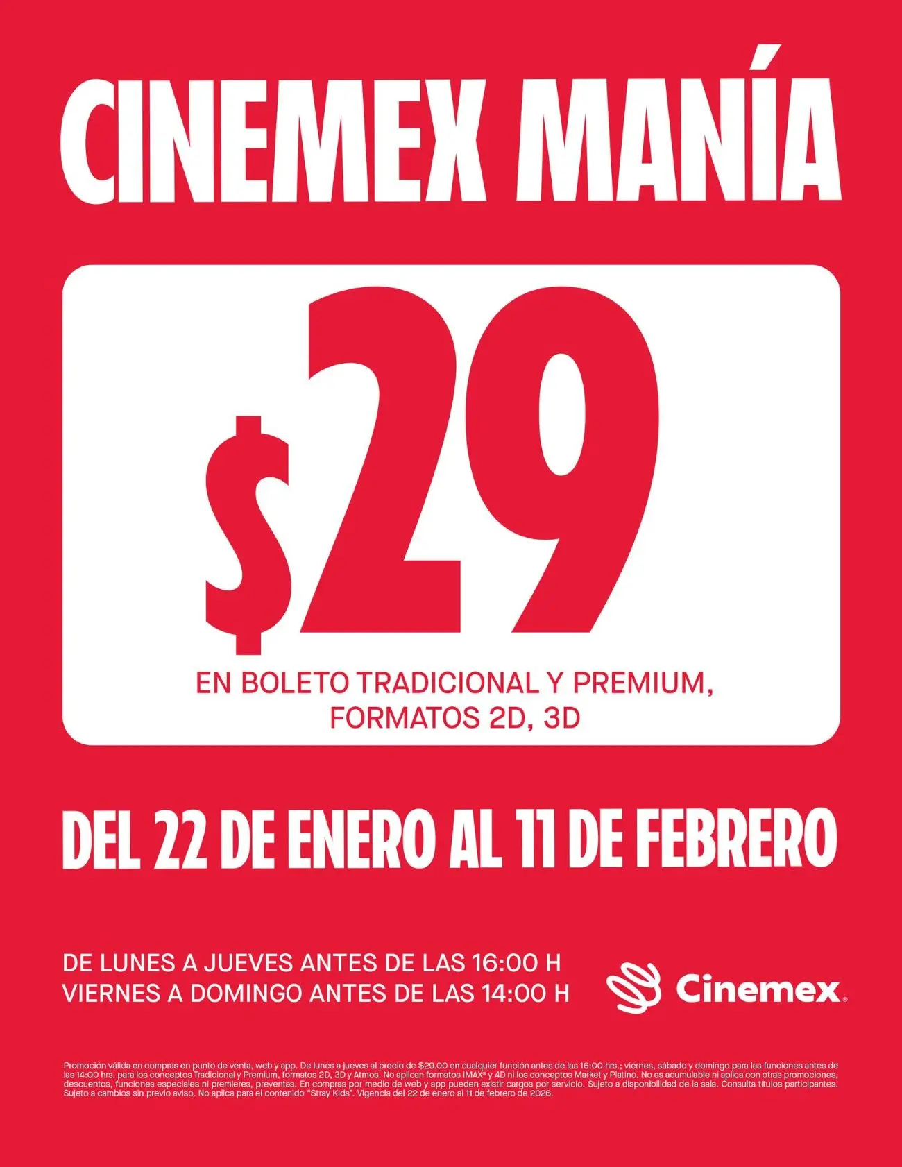 Fechas y horarios en que aplica los boletos a 29 pesos en Cinemex. Foto: Cortesía