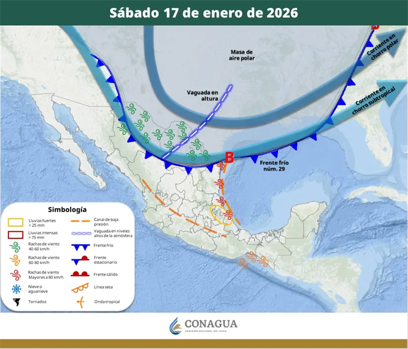 Se espera la llegada del frente frío 29 durante este fin de semana. Imagen: Conagua