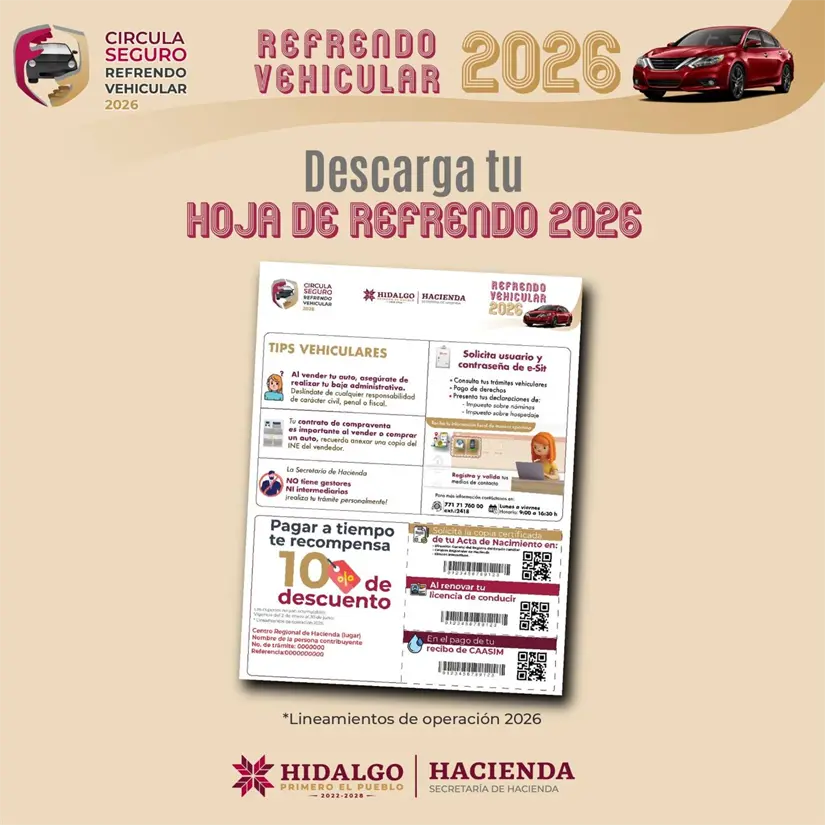 Beneficios de pagar el refrendo en tiempo y forma en Hidalgo. Foto: Cortesía