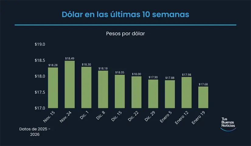 Dólar en las últimas 10 semanas de acuerdo al DOF. Foto: TBN