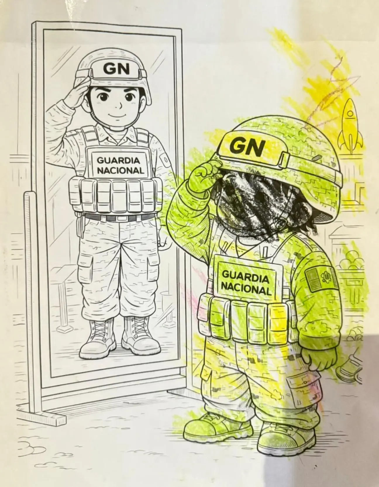 Colorean dibujos en honor de la Guardia Nacional. Foto: Cortesía