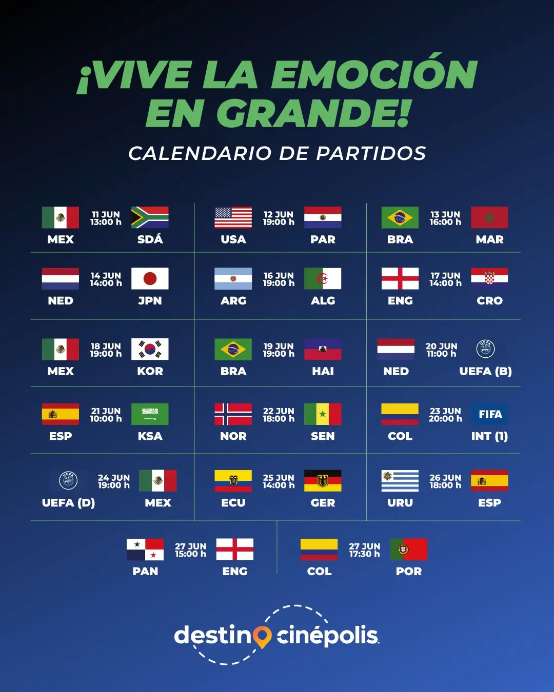 Lista de partidos que proyectará Cinépolis. Foto: Cortesía