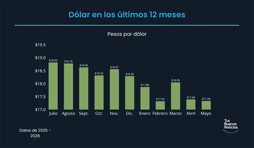 Dólar en los últimos 12 meses de acuerdo al DOF. Foto: TBN