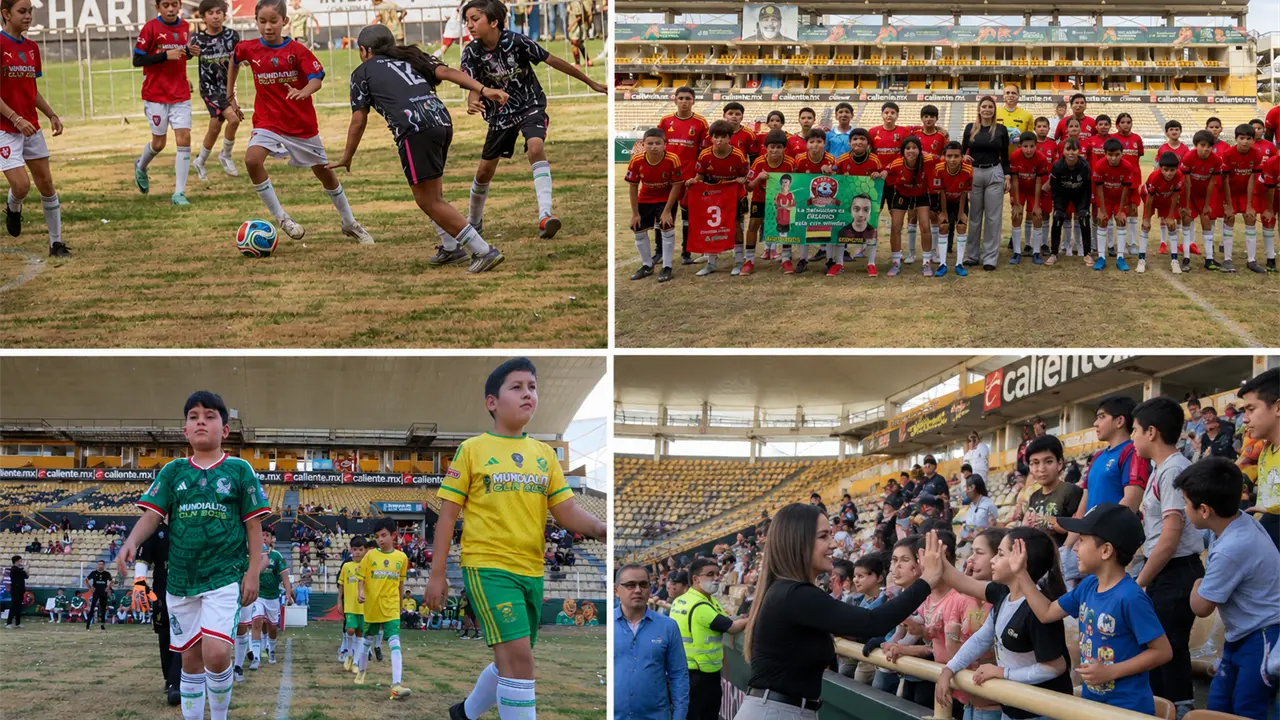 Entre goles, sonrisas y sueños compartidos, cientos de niñas y niños llenaron de vida el Estadio Dorados durante el arranque del Mundialito Culiacán 2026. Foto: Ayuntamiento de Culiacán