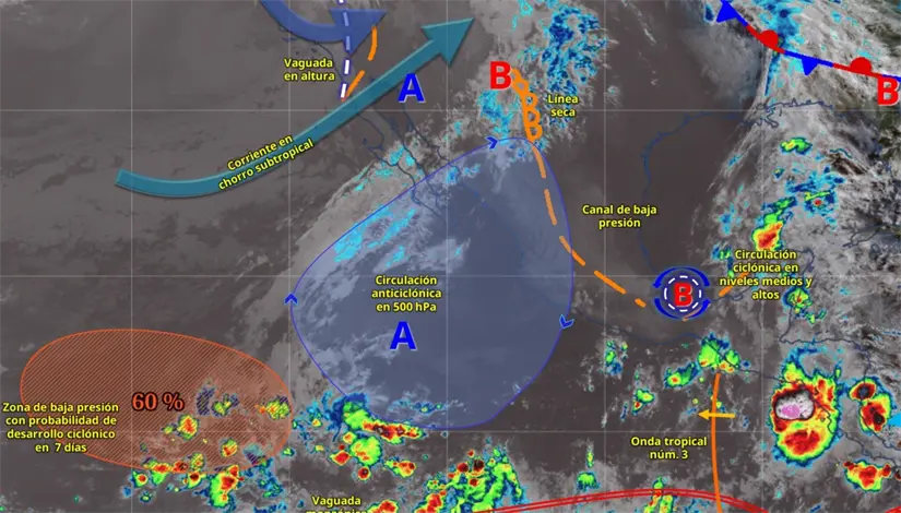 Una línea seca en interacción con una vaguada en niveles altos influirán en clima de Baja California. Imagen: Conagua