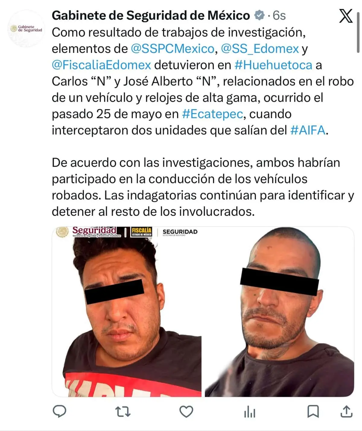 Golpe a banda dedicada al robo de mercancía: capturan a dos presuntos responsables en Edomex