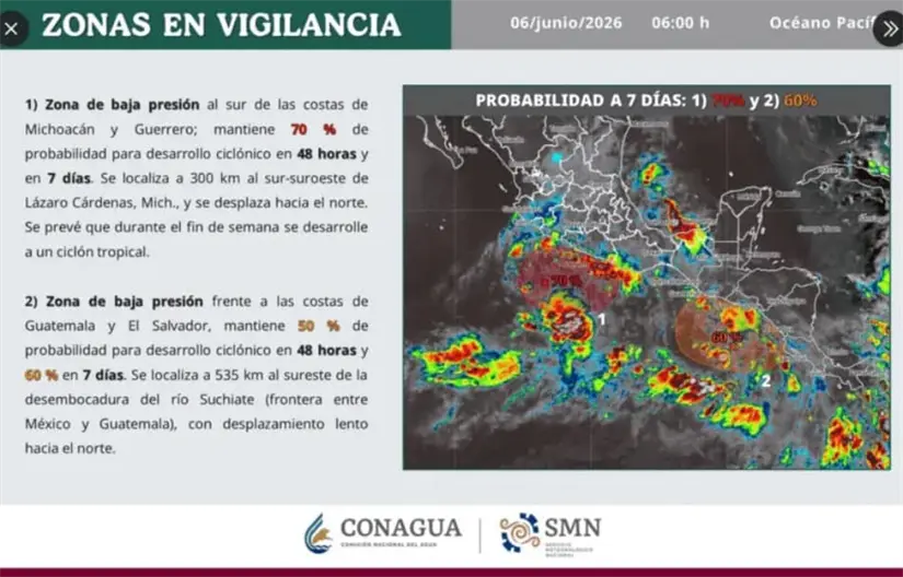 El sistema mantiene 70% de probabilidad de desarrollo ciclónico. Imagen: Conagua
