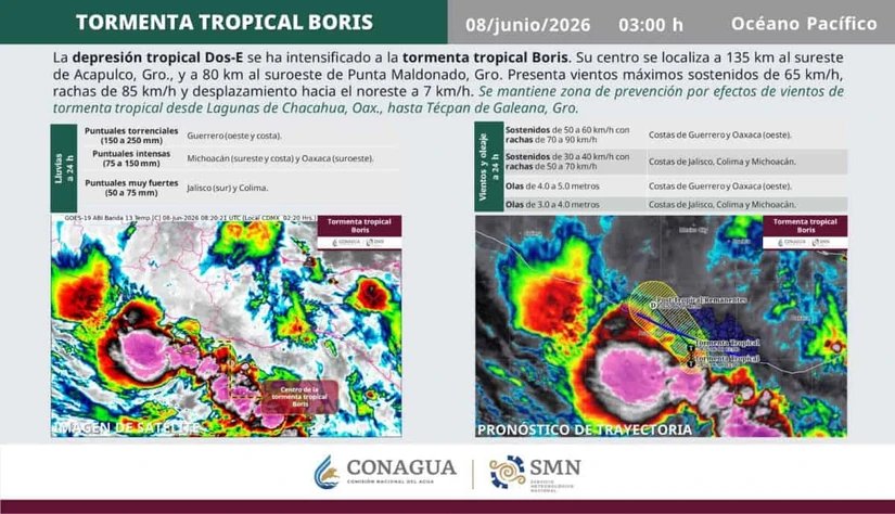 La depresión tropical Dos-E se intensificó al ciclón Boris la mañana de este lunes. Imagen: Conagua
