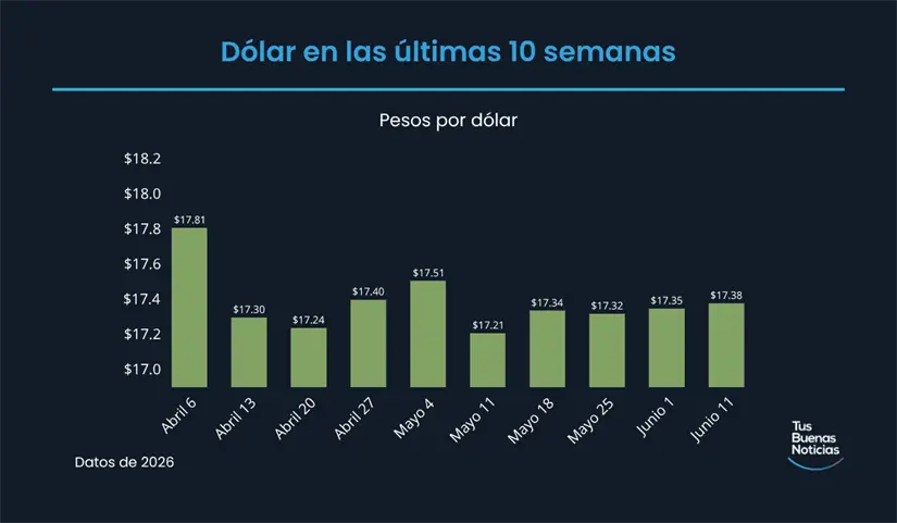 Dólar en las últimas 10 semanas de acuerdo al DOF. Foto: TBN