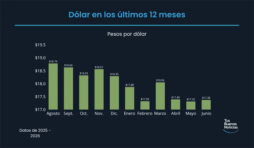 Dólar en los últimos 12 meses de acuerdo al DOF. Foto: TBN