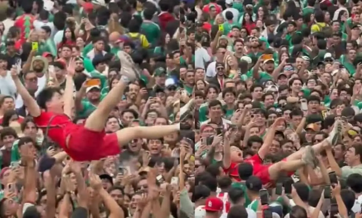 Un aficionado de Corea del Sur fue cargado y lanzado al aire por seguidores mexicanos durante los festejos por la victoria del Tri ante Sudáfrica en el FIFA Fan Festival de Guadalajara.